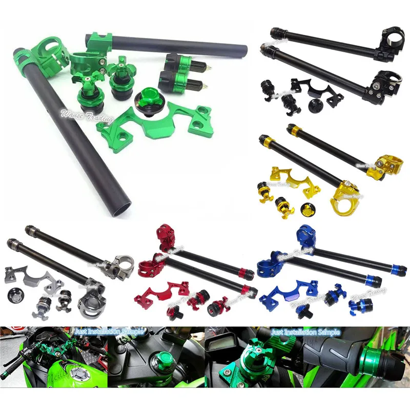 Adjustable Handlebars Clip On + Bar Ends + Fork Adjusters + Yoke Nut + Guard Pad Set For Kawasaki Ninja 250 300  2013 2014-2016