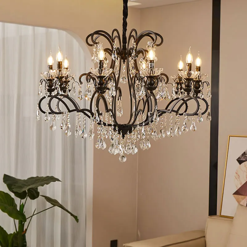 

New crystal large living room dining room 2025 Internet celebrity black hotel retro bedroom atmosphere chandelier