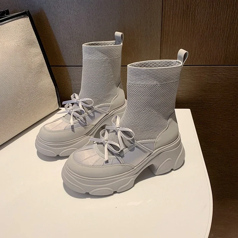 

Comfortable Round Toe Booties for Women Winter Bow Platform Heightened New Mid-Tube Stretch Boots