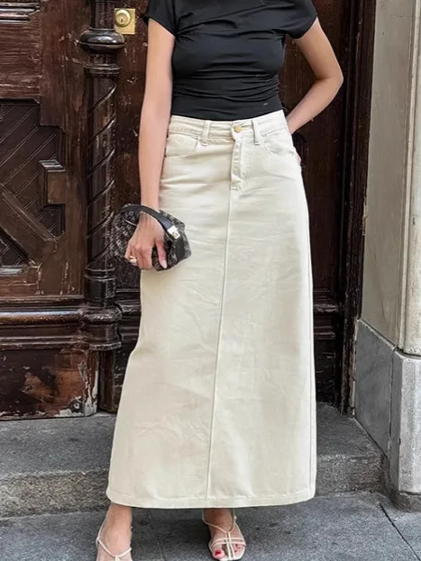 Fall commuting beige straight midi skirt for women with a slit opening, denim style