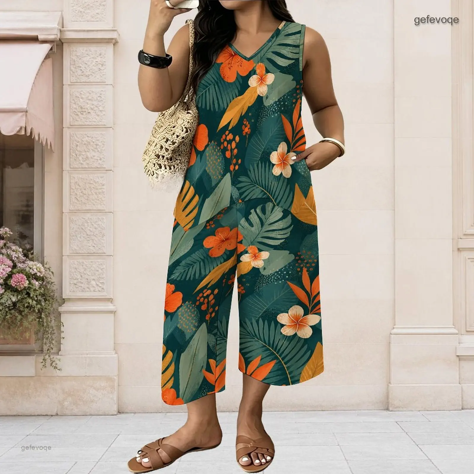 Women Sleeveless V Neck Tropical Floral Leaf Printed Cropped Wide Leg Jumpsuit