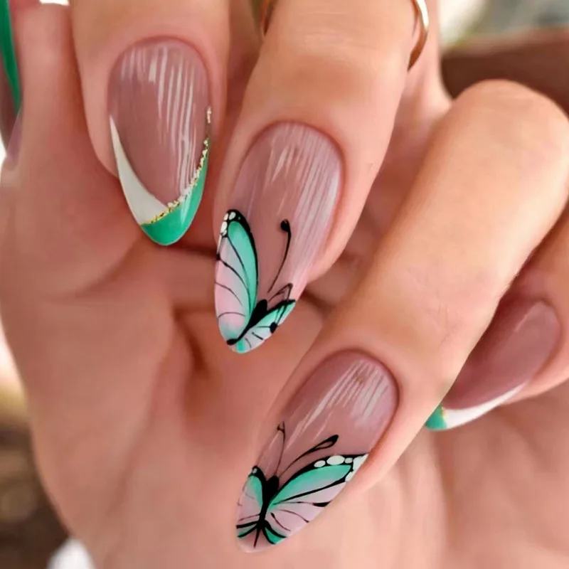 

24pcs Green Butterfly Printing Press on Nails Simple Small Fresh Almonds Nails Full Cover Wearable False Nails