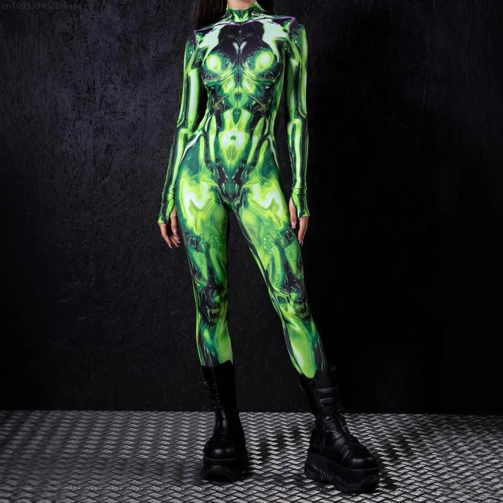 2025 Halloween Cosplay Tights Jumpsuit 3d Printing Long Sleeve Women Bodysuit Carnival Party Stage Showing Perfermence Catsuit
