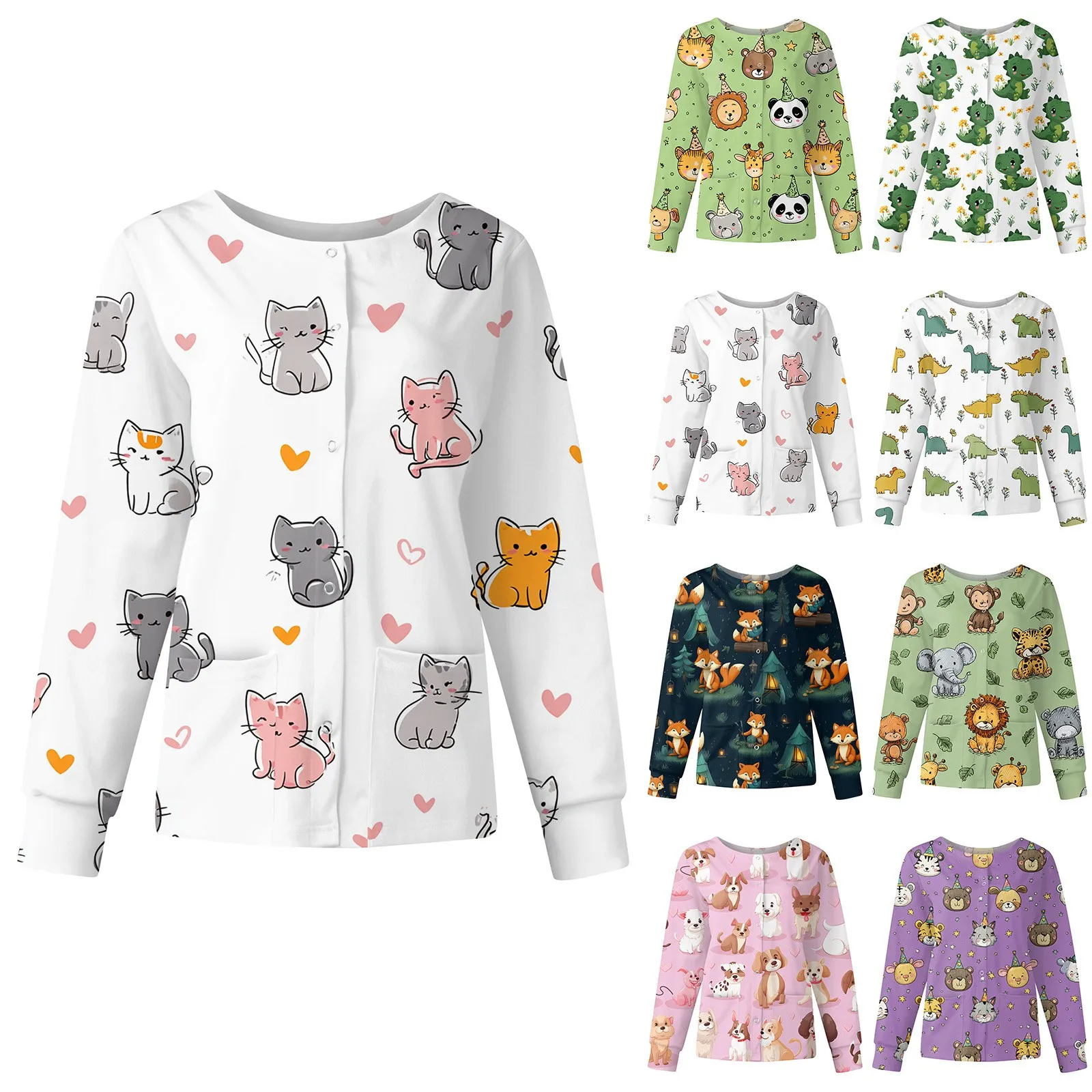 

Women's Casual Fashion Long Sleeve Single Breasted Cute Animal Printed Workwear Jacket Tops Veterinarian Beautician Uniform