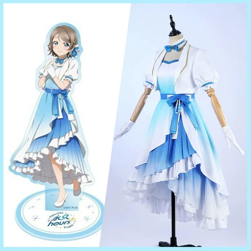 

Аниме LoveLive!Саншайн!! Костюм для косплея Watanabe You Aqour, синее платье на 9-летие, пальто, парик, женский сексуальный карнавальный комплект, 5;d'2.
