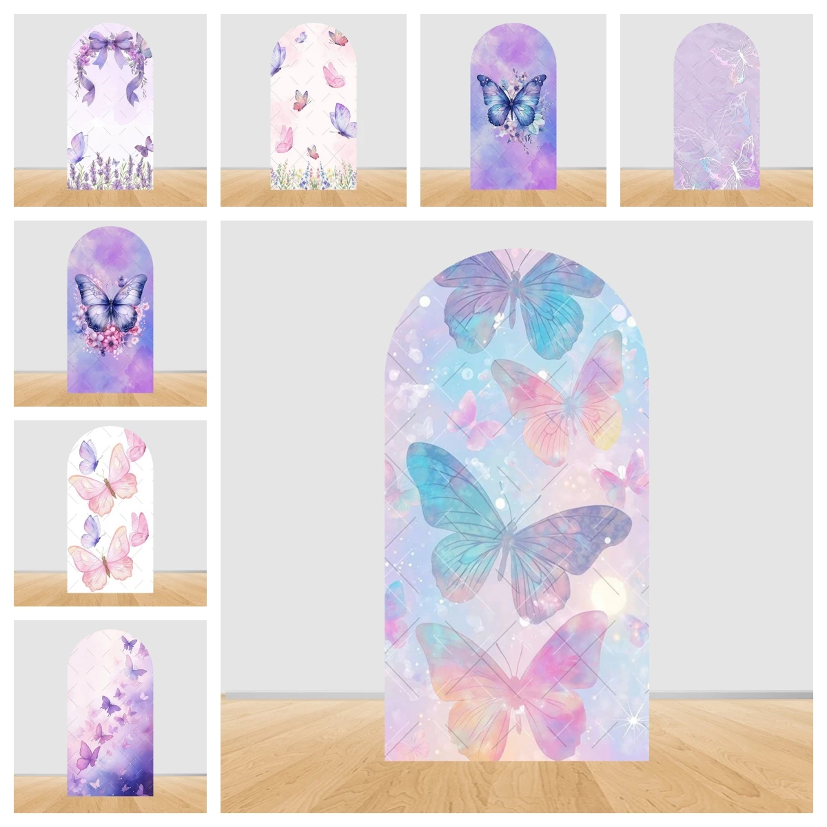 

Фиолетовый эластичный фон-арка с цветами и бабочками для фотосессий, украшение для дня рождения девочки, декор для детской ванной, фотопринадлежности