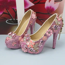 BaoYaFang Luxury Pink crystal Bridals wedding shoes ankle strap Platform shoes woman Flower party dress shoes female high Pumps