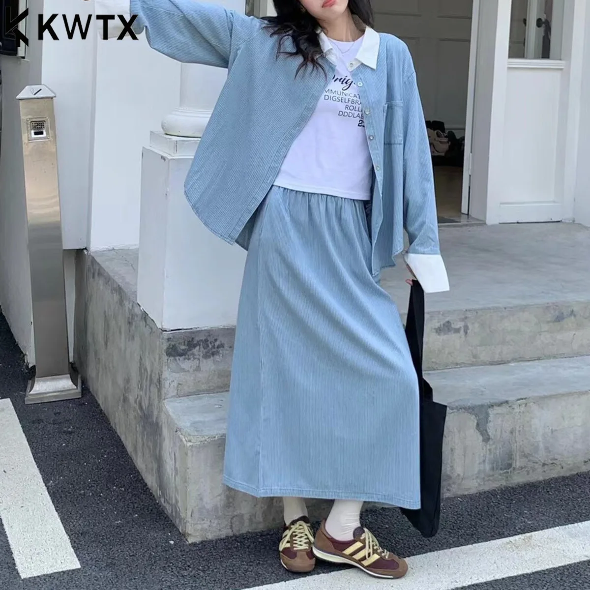 

KWTX Женский комплект из двух предметов в полоску, рубашка с цветными блоками и лацканами, топ, юбка с высокой талией, повседневная элегантная шикарная облегающая рубашка премиум-класса, весна-лето