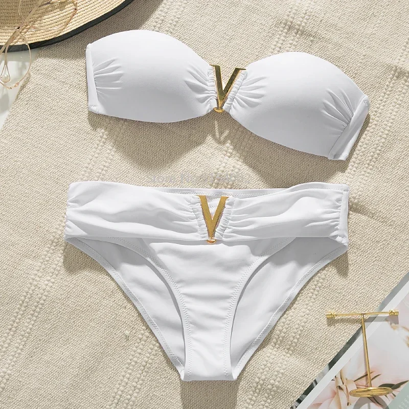 

White push up women swimsuit 2022 new summer beach sexy bikini set solid swimming suit for women swimwear bandeau bathing suit