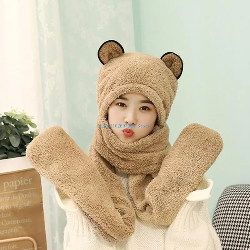 

N7YF Parent-Child Family Matching Winter 3 In 1 Scarf Hat Gloves Bear Ears Winter Plush Hoodie Earflap Cap Warmer