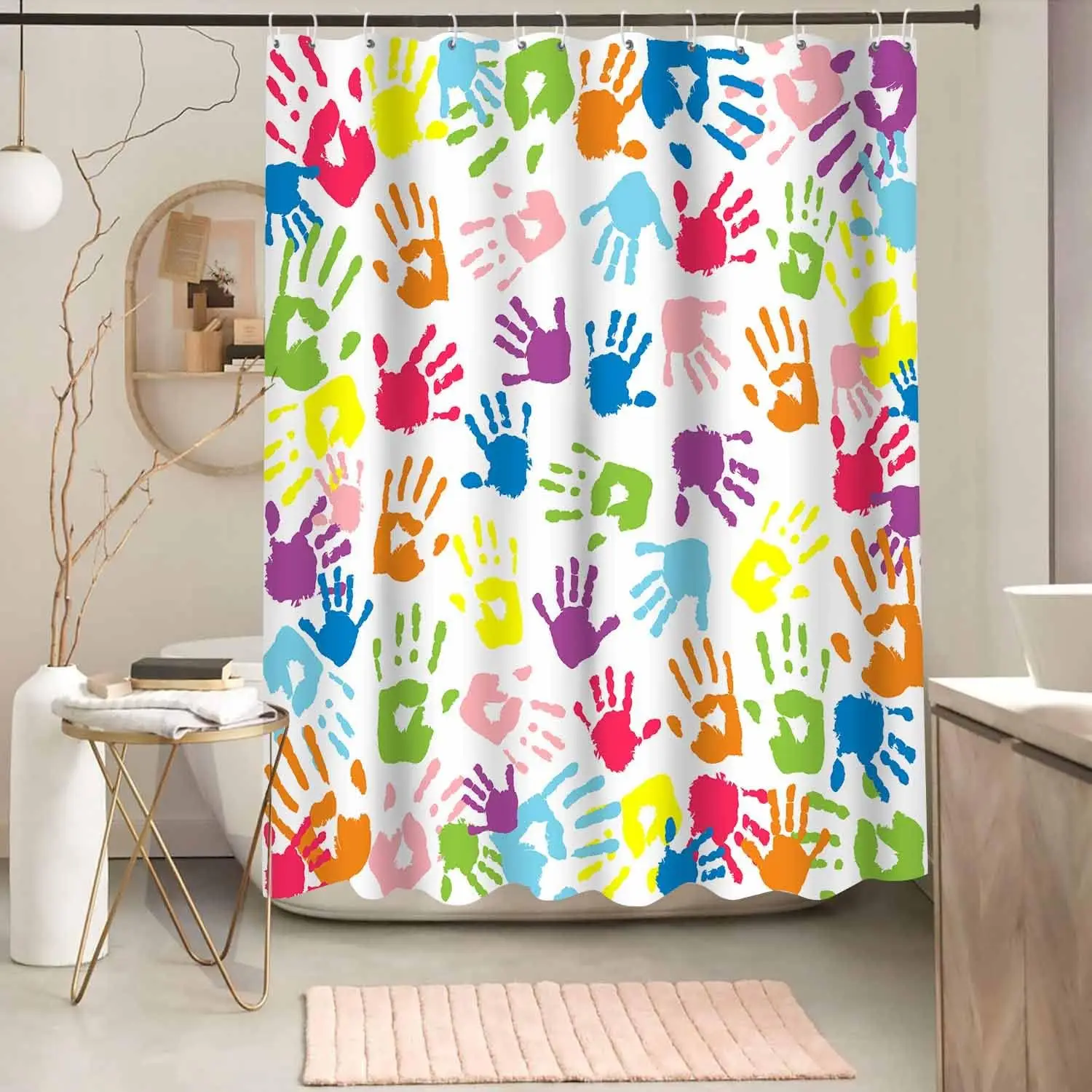 

Занавеска для ванной комнаты с отпечатками рук, акварельная занавеска для ванной комнаты радужного цвета для детей, занавеска для ванной комнаты, моющаяся полиэфирная ткань для душа