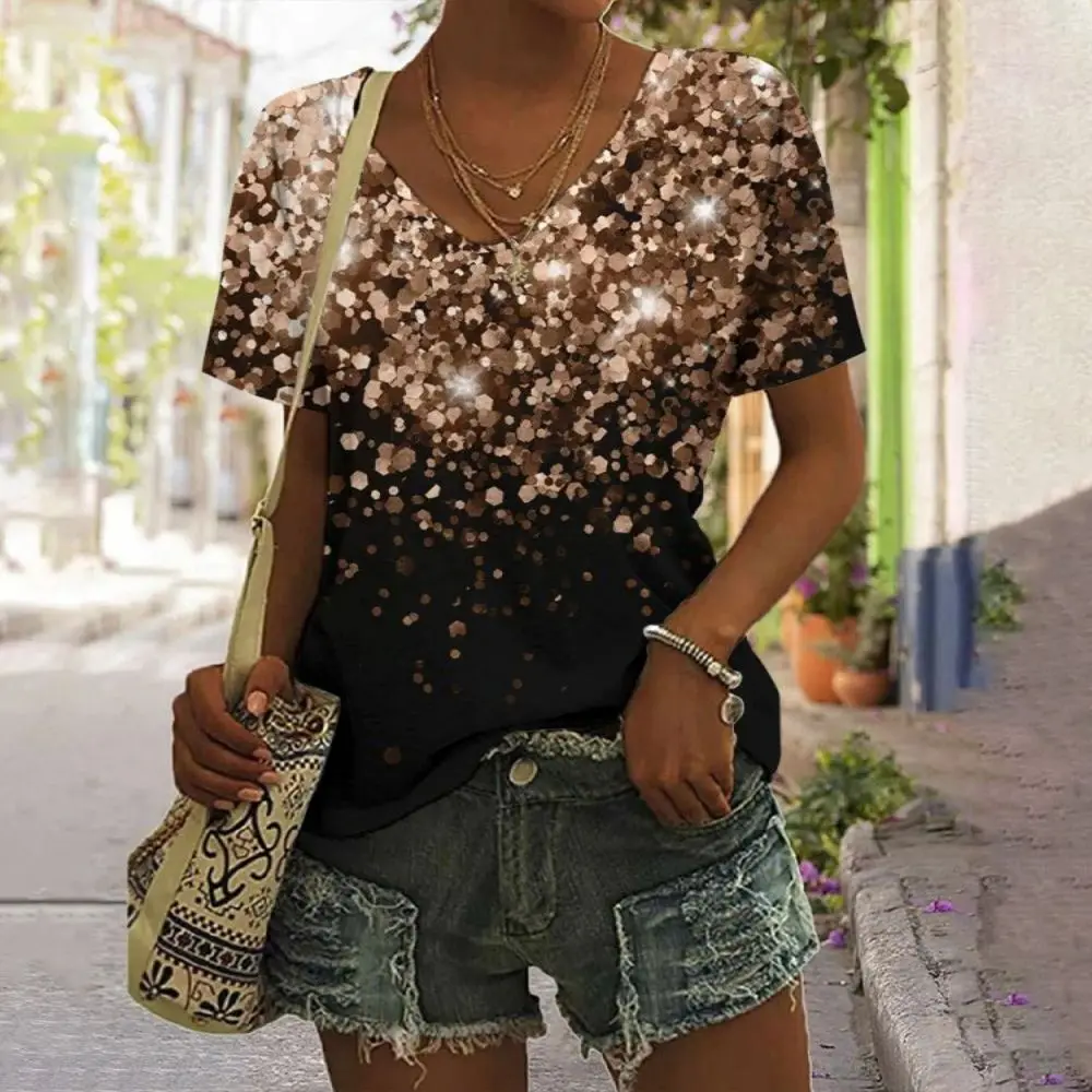 Nowa letnia oddychająca koszulka 3D Gold Glitter Sequin Printed V Neck Shirt Tops Women Street Luxury Oversized Tops Short Sleeve