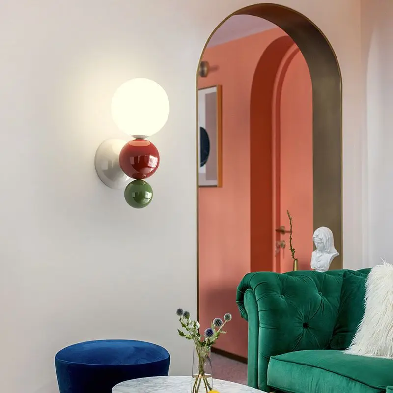 lovely LED Wall Light Red Green White Metal children's Room wall Lamps Parlor Office Aisle Stairs wall Sconce White Acrylic Ball