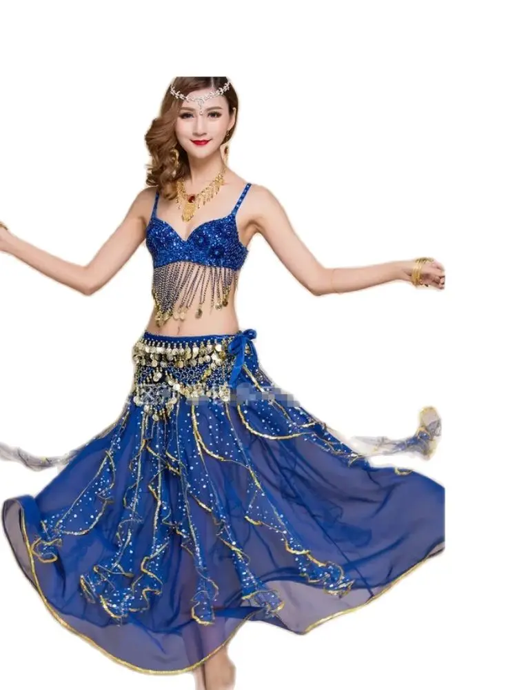 

1set/lot woman belly dancing set chiffon skirt and sequined taseel bra sexy indian dancing costumes