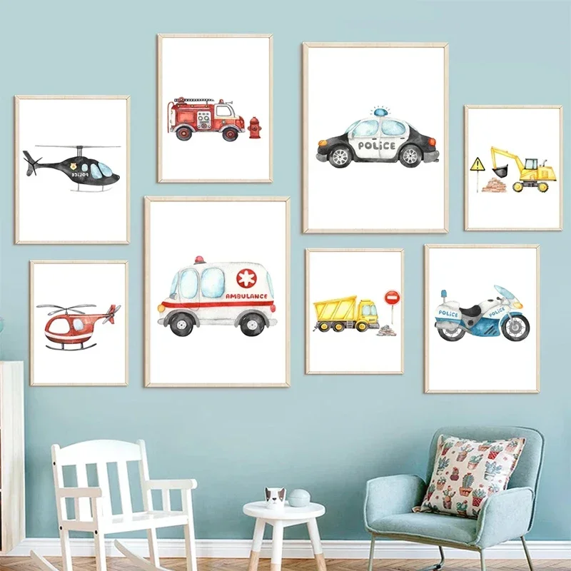 Cartoon Police Ambulance Fire Truck Airplane Motorcycle Posters Canvas Painting Wall Art Print Picture Baby Kids Room Home Decor