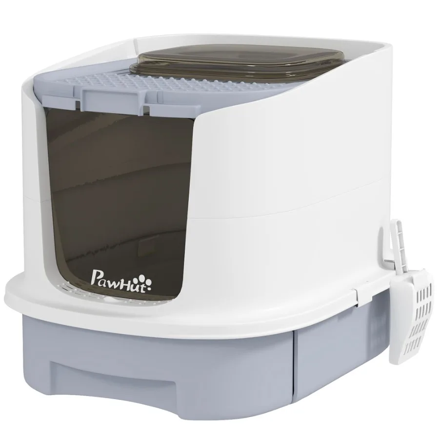 

Covered Cat Litter Box with Lid Drawer Scoop Top Entry Deodorizing Bags Odor Control Easy to Clean Gray