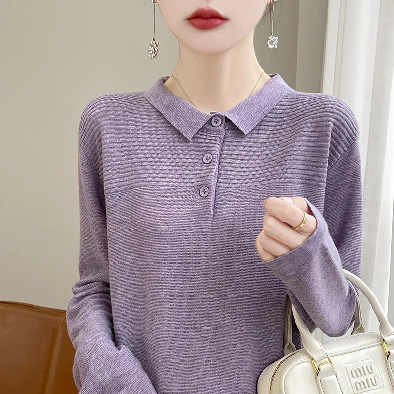 Women\'s sweater autumn/winter 100% pure wool pullover casual solid color knitted Tops Japanese/Korean loose POLO collar Blouse