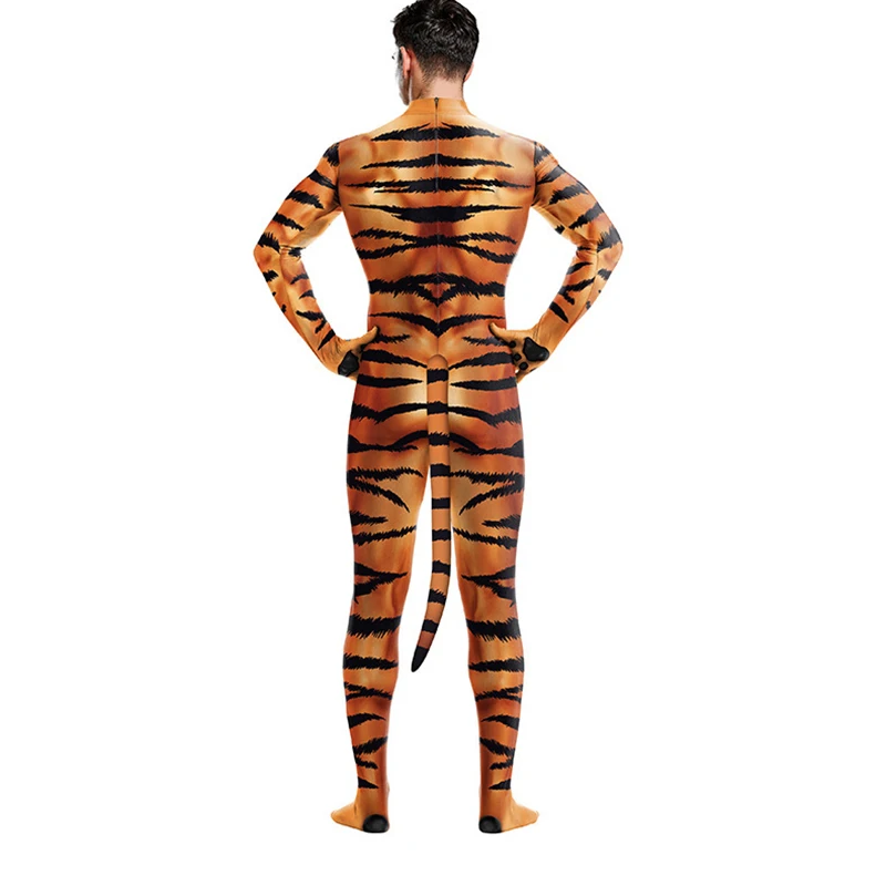 Tiger Leopard  Print Cosplay Costume Jumpsuit with Tail Carnival Wolf Party Bodysuit Clothes Animal Costume For Men