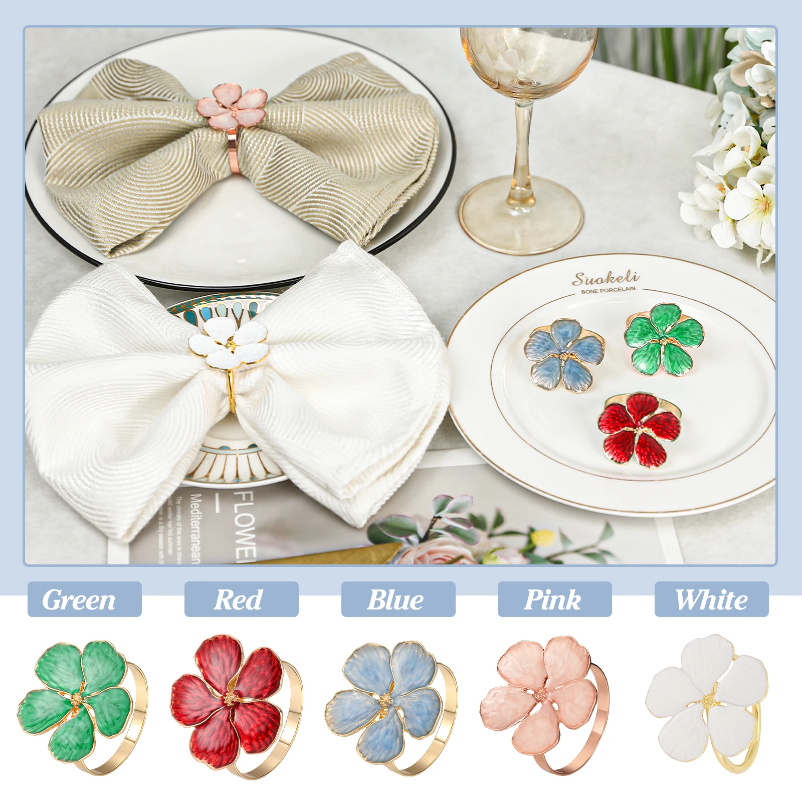 Napkin Rings Set of 6 Flowers Napkin Ring Holders Dinner Tables Rings Elegant Ornament Table Setting Decoration for Wedding