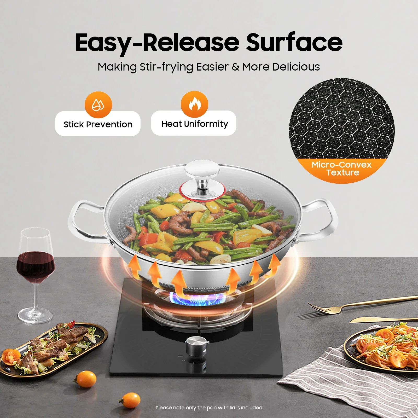

32cm Stainless Steel Nonstick Skillet Kitchen Cooking Frying Pot Dual Carrying Handles on Both Sides W/ Transparent Glass Lid