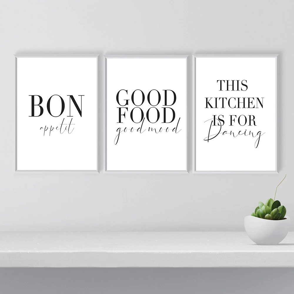Minimalist Good Food Good Mood Bon Appetit Quotes Canvas Painting Black White Posters Wall Art Pictures For Kitchen Home Deco
