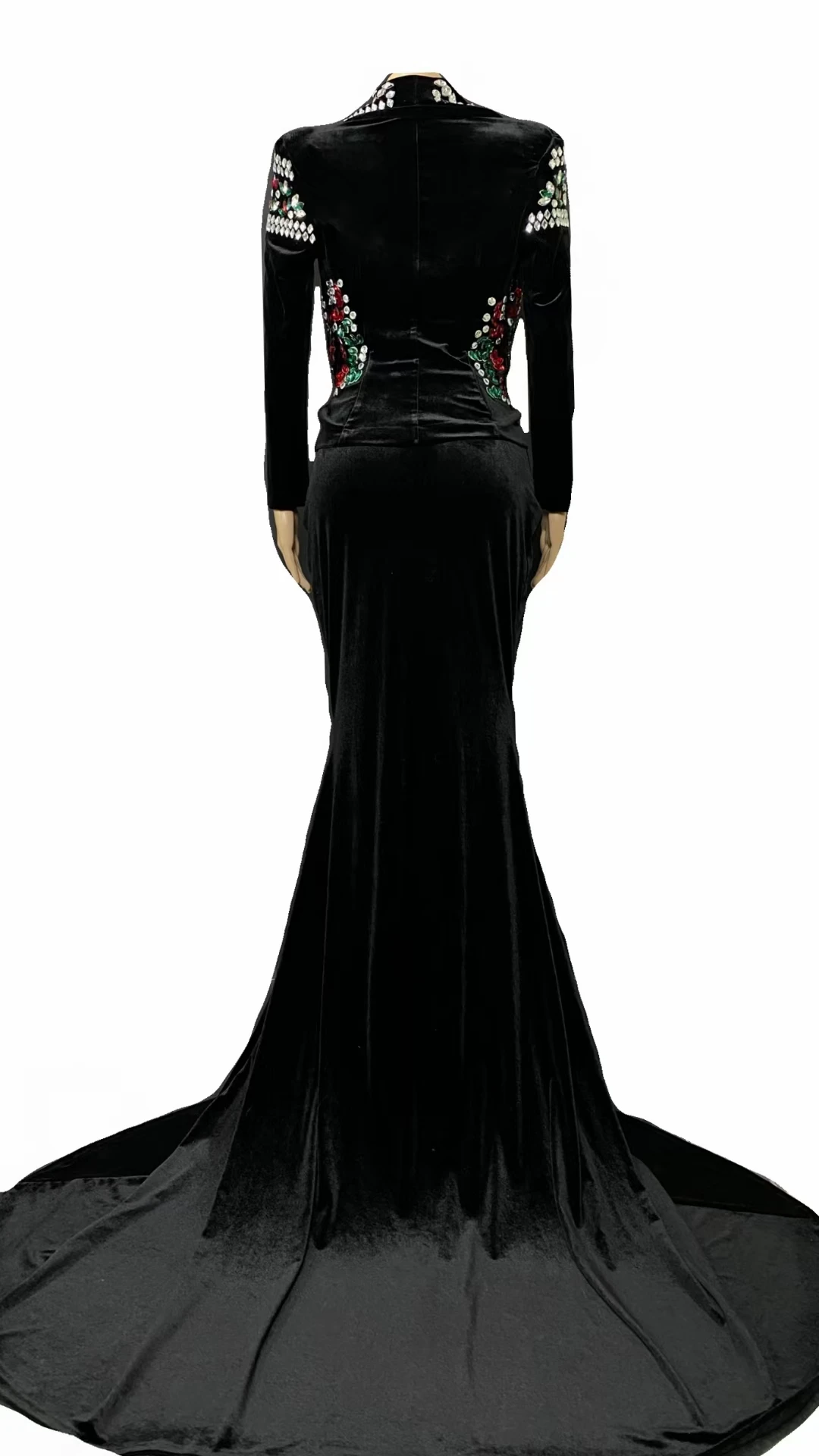 Luxury Velvet Rhinestone Mermaid Maxi Dress 2Pieces Set Women Deep V Neck Sparkly Crystal Formal Evening Prom Gown Suixizuang