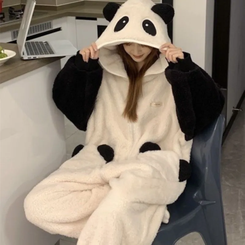 Ladies Winter Warm Flannel Pajamas Women Onesies Cute Panda Hooded Jumpsuit Home Outfit Wearable Plush Loungewear