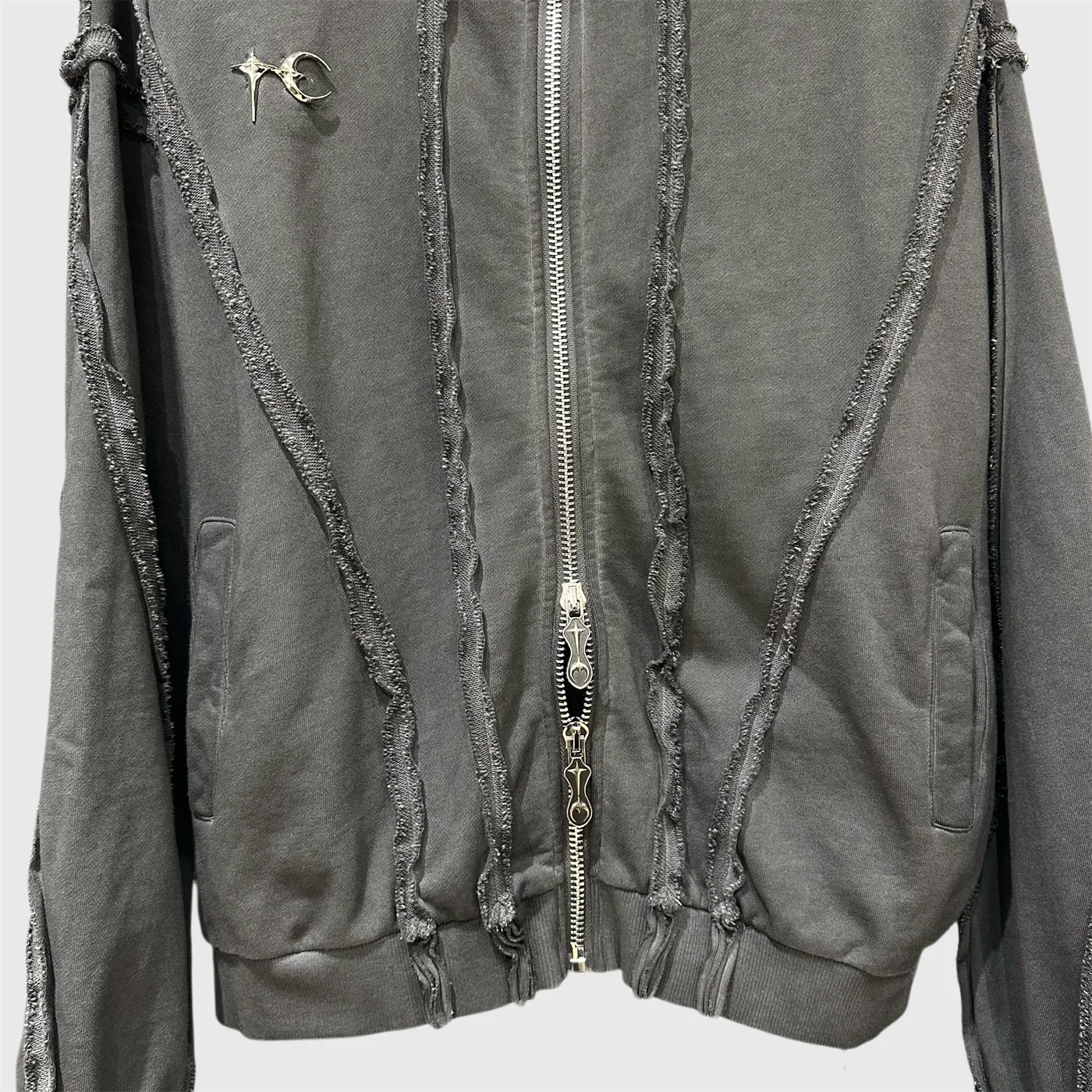 Spring and Autumn Women's New Vintage Zipper Mask Destruction Hooed Sweatshirt Splicing Water Washed Wax Printing Hoodie Coat