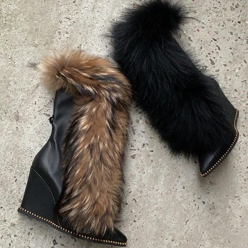 Fur Wedges Lace Up Mid Calf Boots Sexy Pointed Toe Hollow Out Patchwork Size 35-46 Customized New Arrivlas Fashion Women Boots