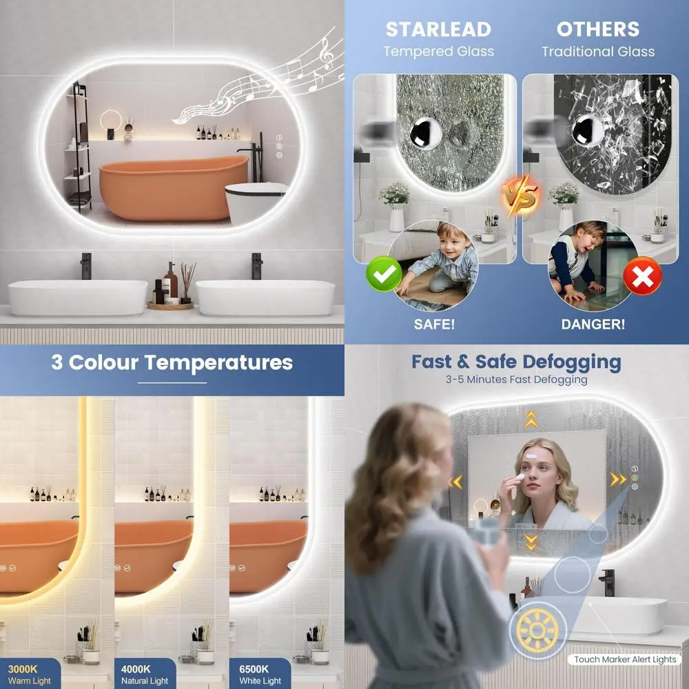 24x36 Inch Oval LED Mirror with Bluetooth, Adjustable Lighting, 3 Colors, Anti-Fog, Touch Control Vanity Mirror