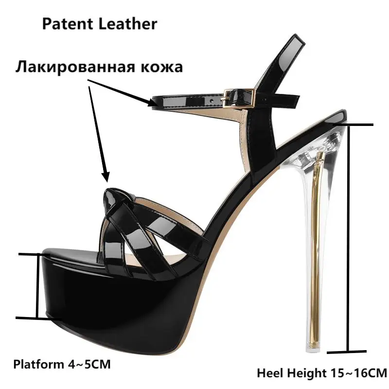 Onlymaker Brand Ankle Buckle Platform Sandals Transparent Metal Thin High Heels Patent Leather Cross Band Summer Sandals