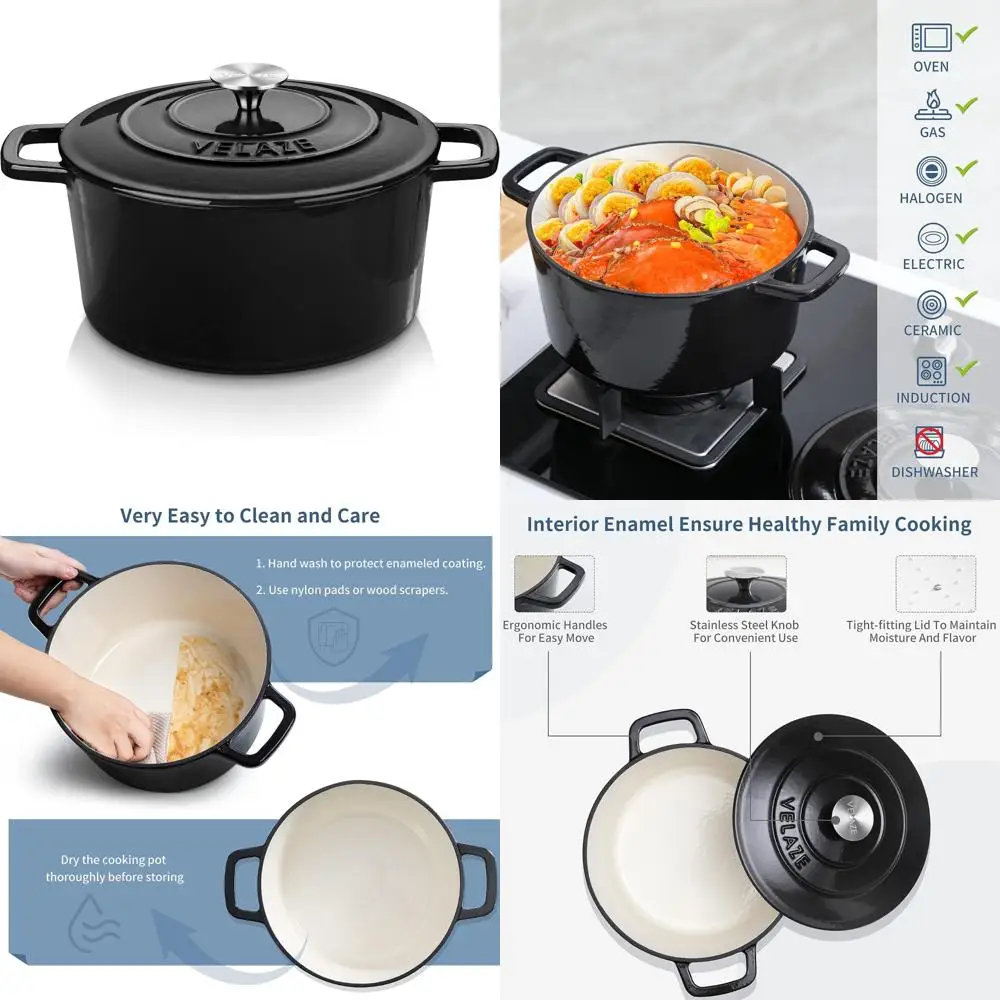 

Non-stick Cast Iron Dutch Oven with Dual Handles, Heavy-Duty Round Pot for Baking Bread, Enameled Interior Dutch Oven