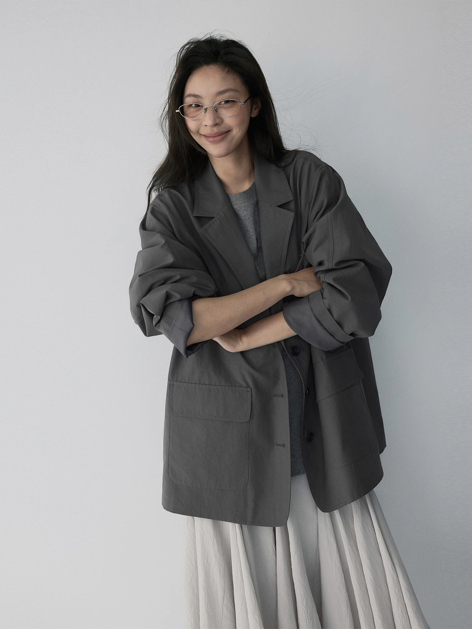 HaveRice Restaurant Loose Shoulder Gray Cold Front Coat with Pocket Flat Collar Workwear Style Long Sleeve Women's Suit Jacket