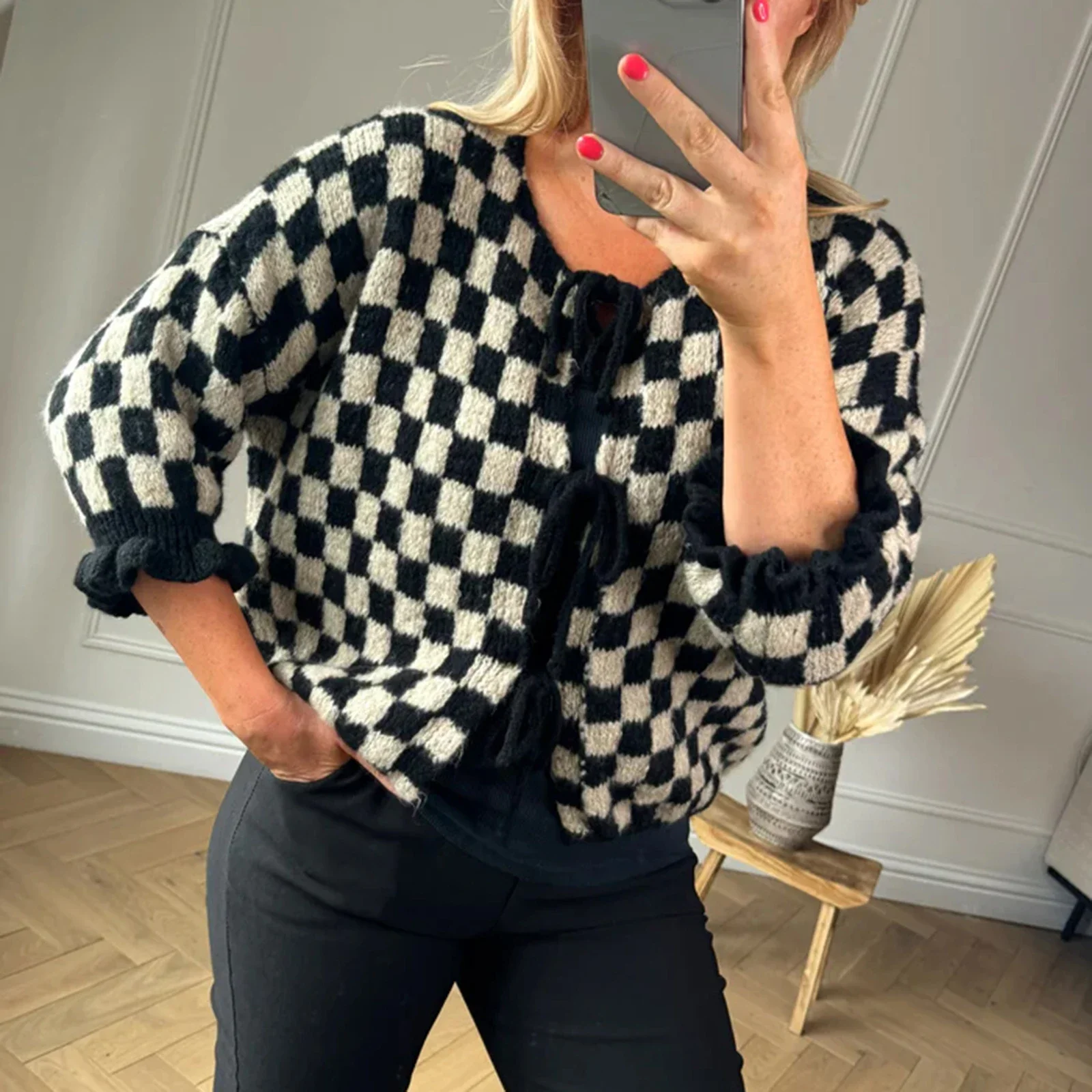 Women's Aesthetic Checkered Tie Front Cardigan Crew Neck Half Sleeve Tie-Up Knitted Sweater Casual Streetwear