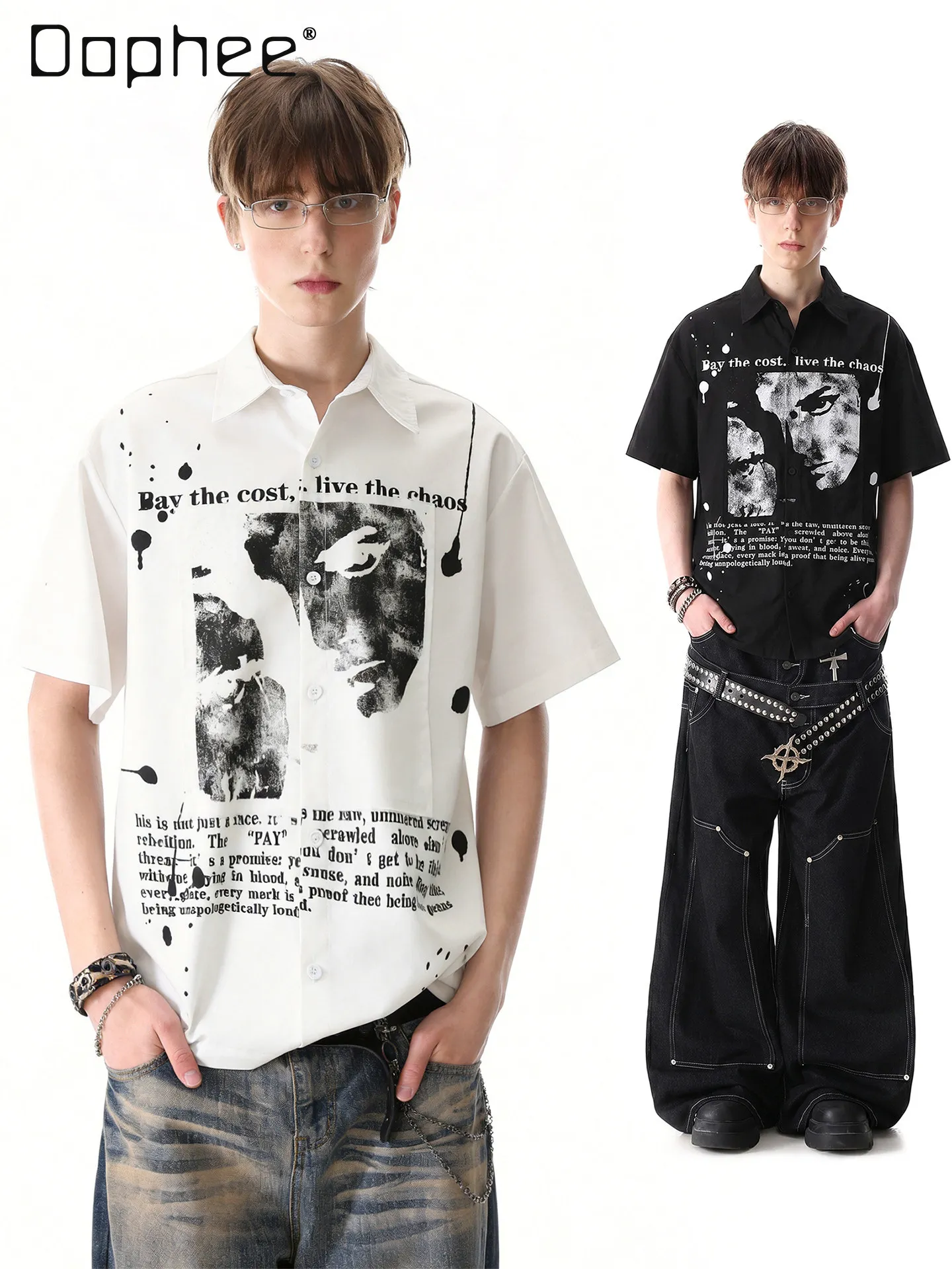 Summer Dark Broken Portrait Splash Ink Print Short Sleeve Shirt Men Vintage Streetwear Loose Casual Button Up White Blouse