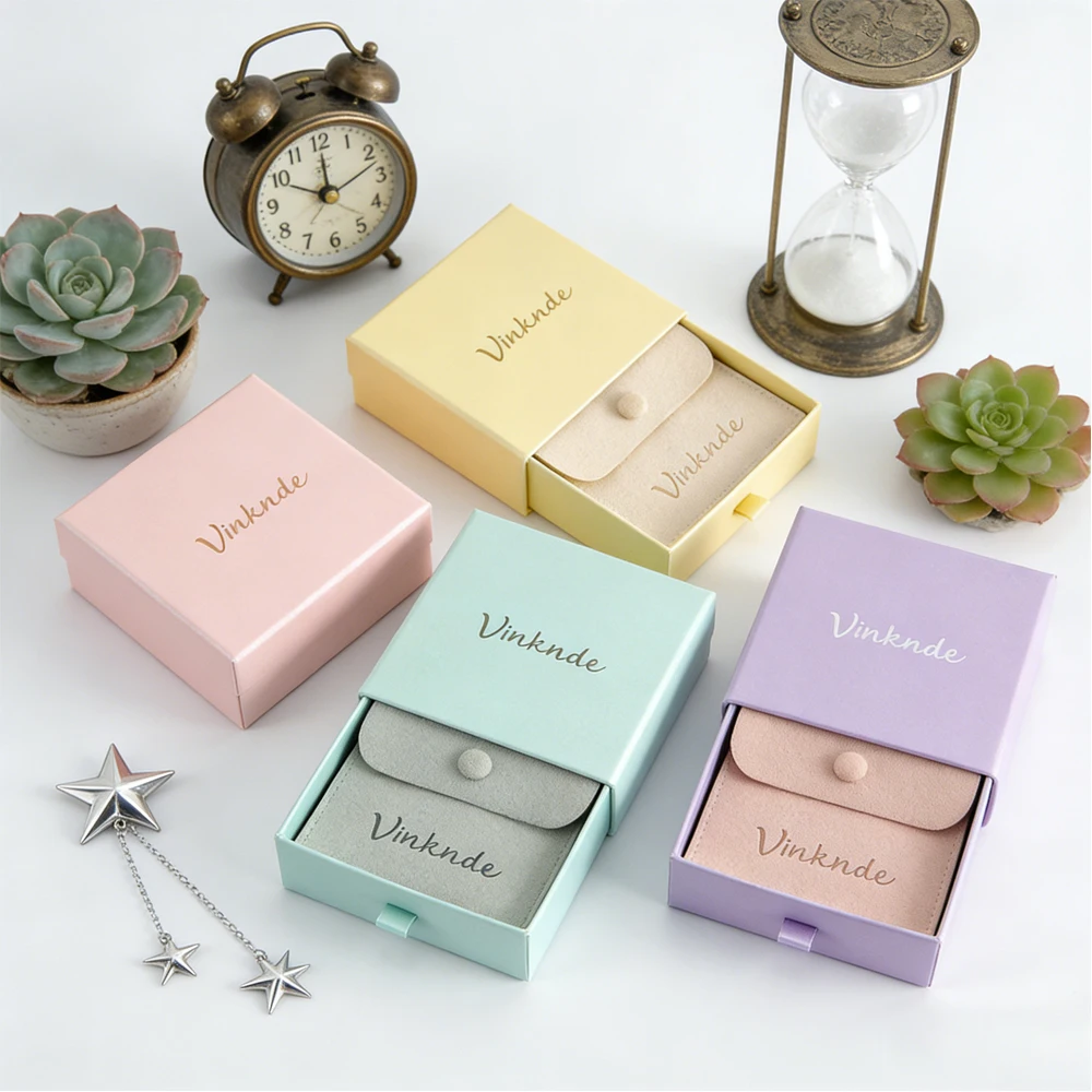 

8x8x2.5cm Paper Sliding Box Custom Logo 24pcs Jewelry Earrings Drawing Boxes With Microfiber Snap Pouch Wedding Party Gift Bags