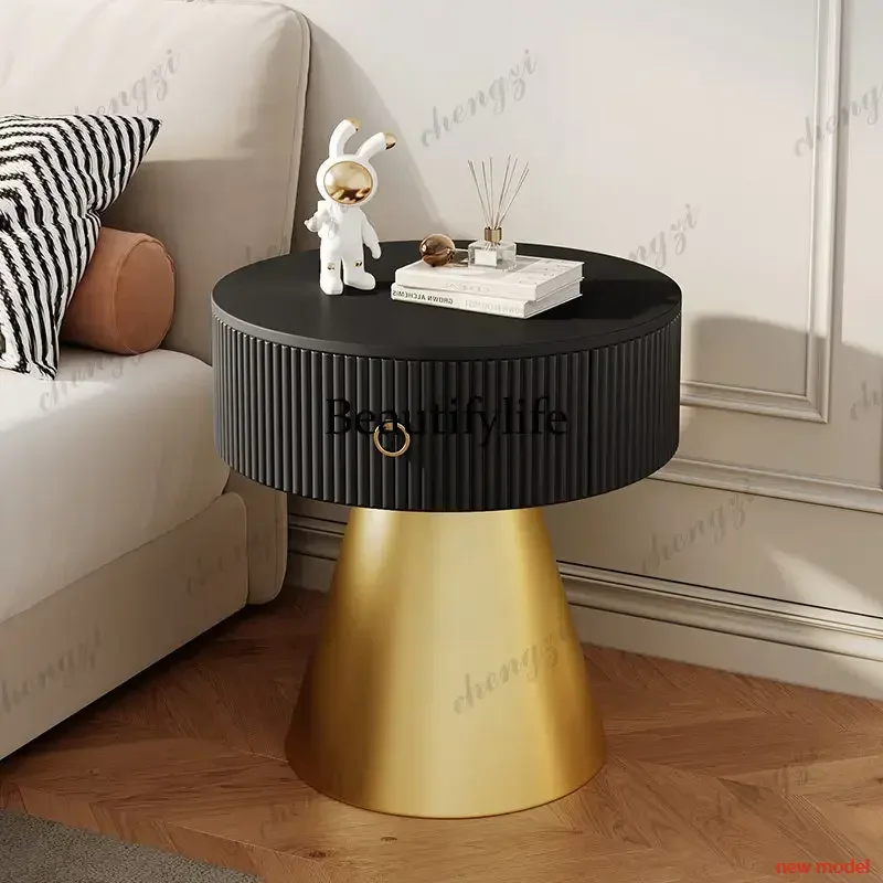 N138Clock Lamp Round Legs Nightstand Modern White Minimalist Organizer Nightstands Side Table Narrow Bedroom Luxury Home Furnitu