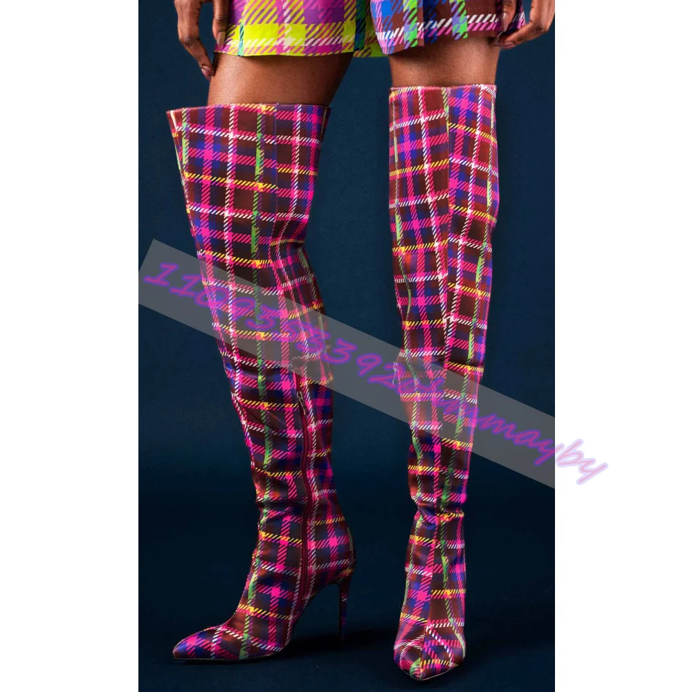 

Chocolate Plaid Over-The-Knee Boots Women'S Pointed Toe Stiletto Heel Zipper Long Boots Trendy Party Pole Dancing Thigh Boots 46