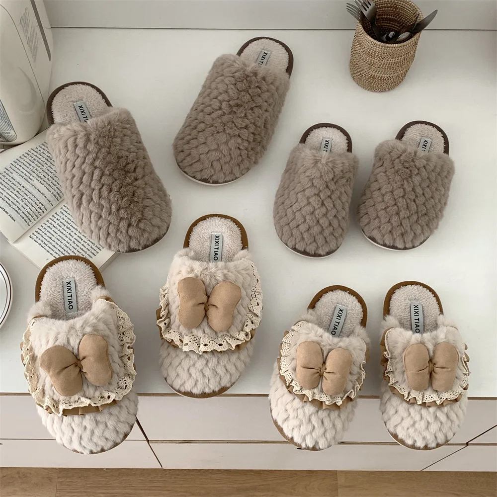 Winter casual home warm soft bottom bag head plush slippers Korean ins retro style bow cotton slippers women