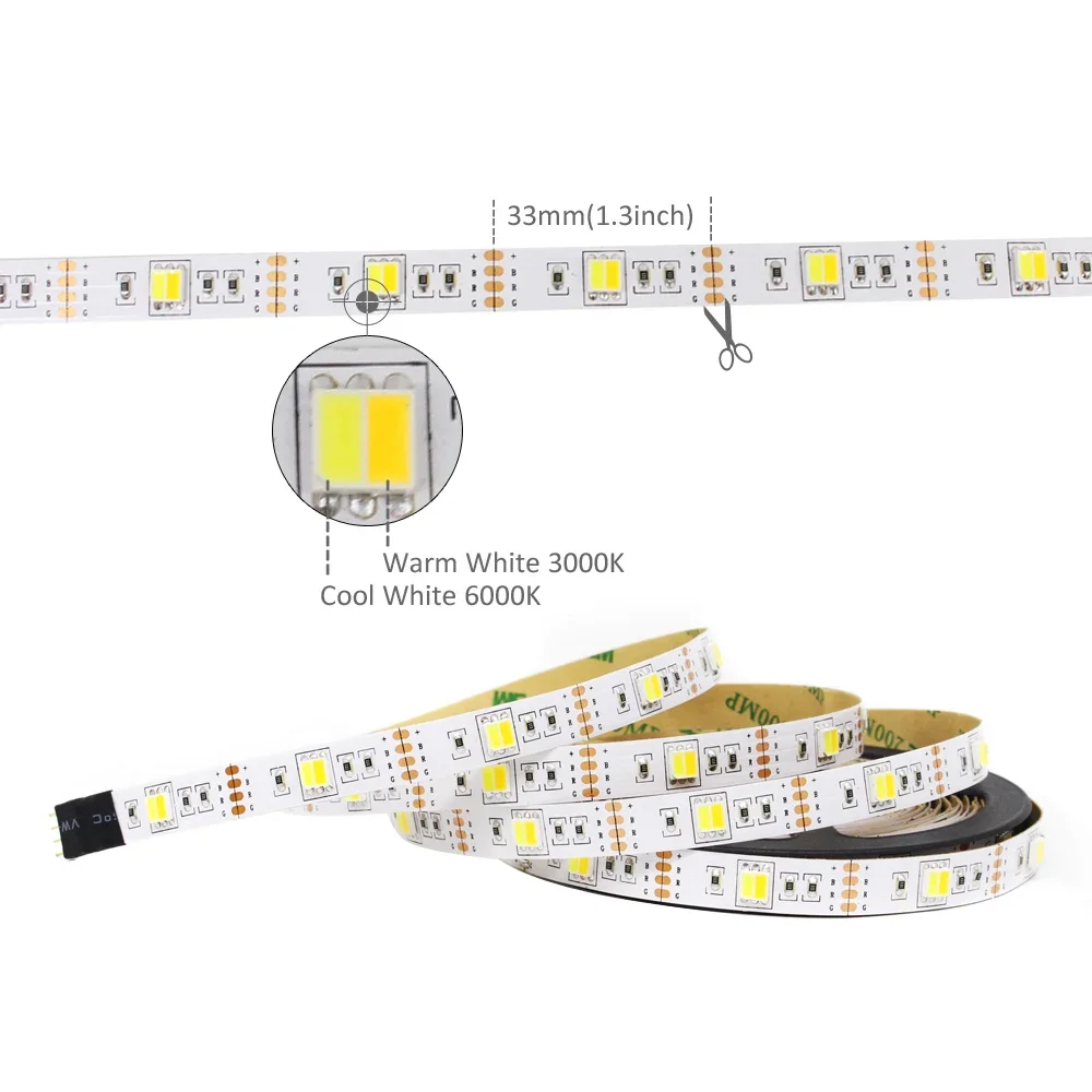 CCT LED Strip Lights 5V USB Dimmable 30LEDs/m SMD5050 CW WW Dual White Flexible Ribbon RF Remote Control Backlight TV Lighting