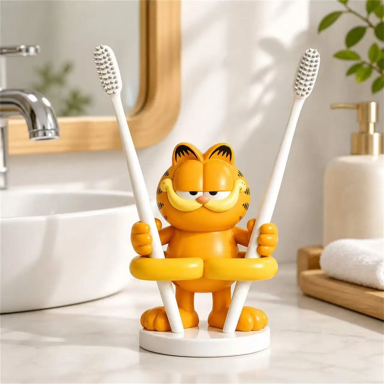 Cute Garfield Figure Toothbrush Holder, Cartoon Bathroom Organizer Rack Resin Decorative Storage Stand For Wash Basin Countertop