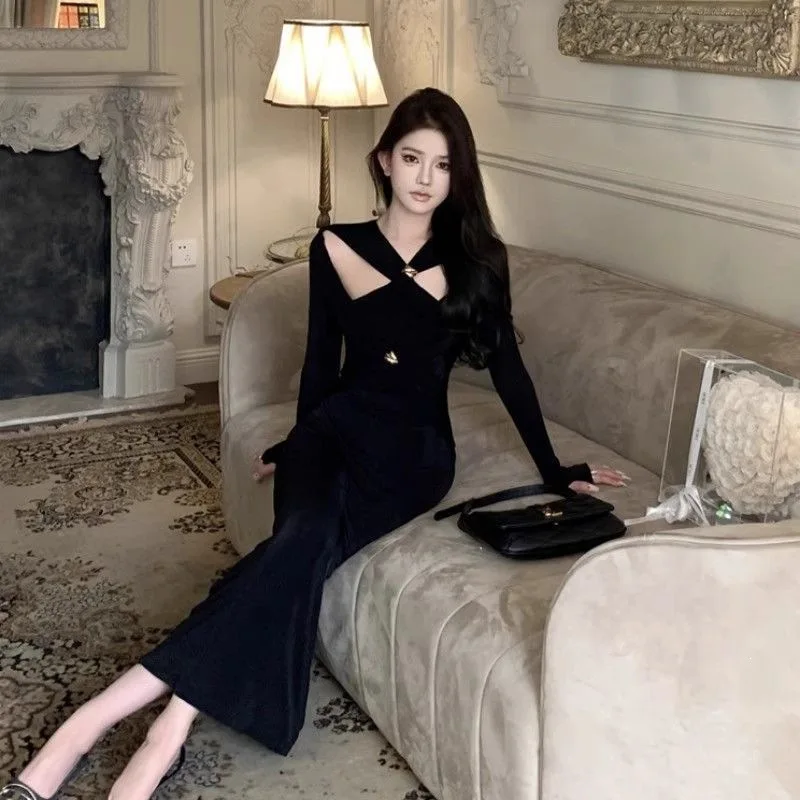 Sexy Black Cross Hollow out Design Long Dress Women's Elegant Lady Style Bodycon Fish Tail Dress for Autumn Season