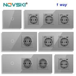 NOVSKI 1/2/3Gang Touch Switches 1Way Light Switch With EU Wall Sockets USB Type-c Power Outlets Glass Panel Grey