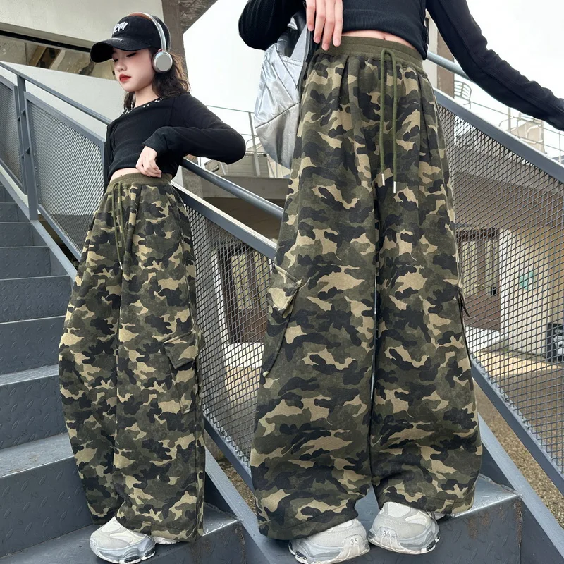 Sportliche Cargohose mit weitem Bein für Mädchen, lässige Tanz- und Arbeitskleidung, gerade geschnittene Hose, lockere Jogginghose für Kinder, Frühling/Herbst