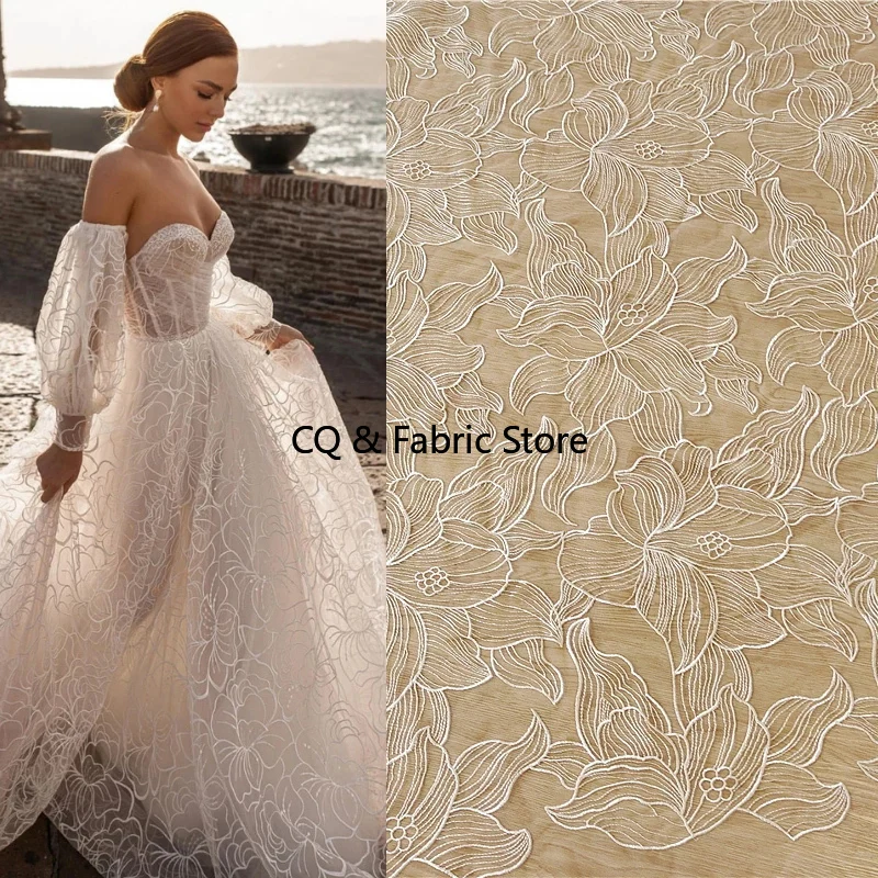 

Off White Tulle / Net Flower Embroidery French Bridal Wedding Dress Lace fabric DIY Sewing Fabric Designer Fabric By The Yard