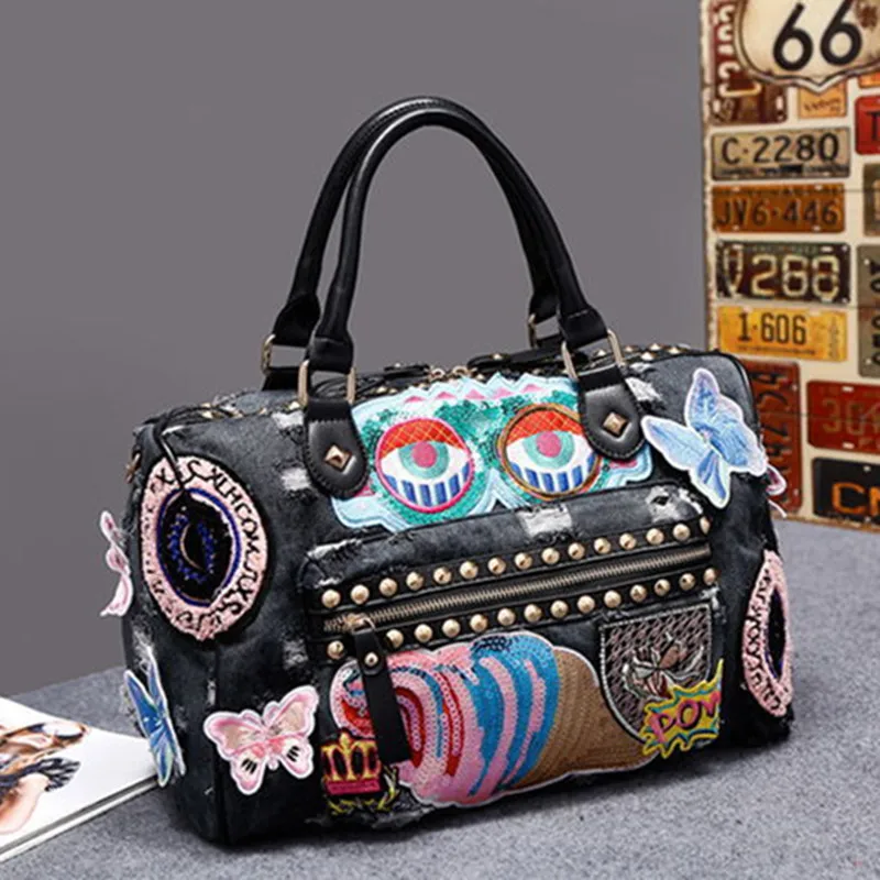 

Korean version rivet embroidered motorcycle cowboy trend women's bag hand carrying single shoulder crossbody fashion new trend