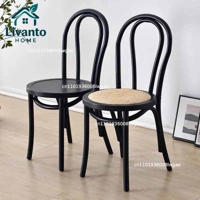 Solid Wood Dining Chair Living Room Portable Cafe Chairs with Backrest Vintage Rattan Bench Single Person Kitchen Furniture