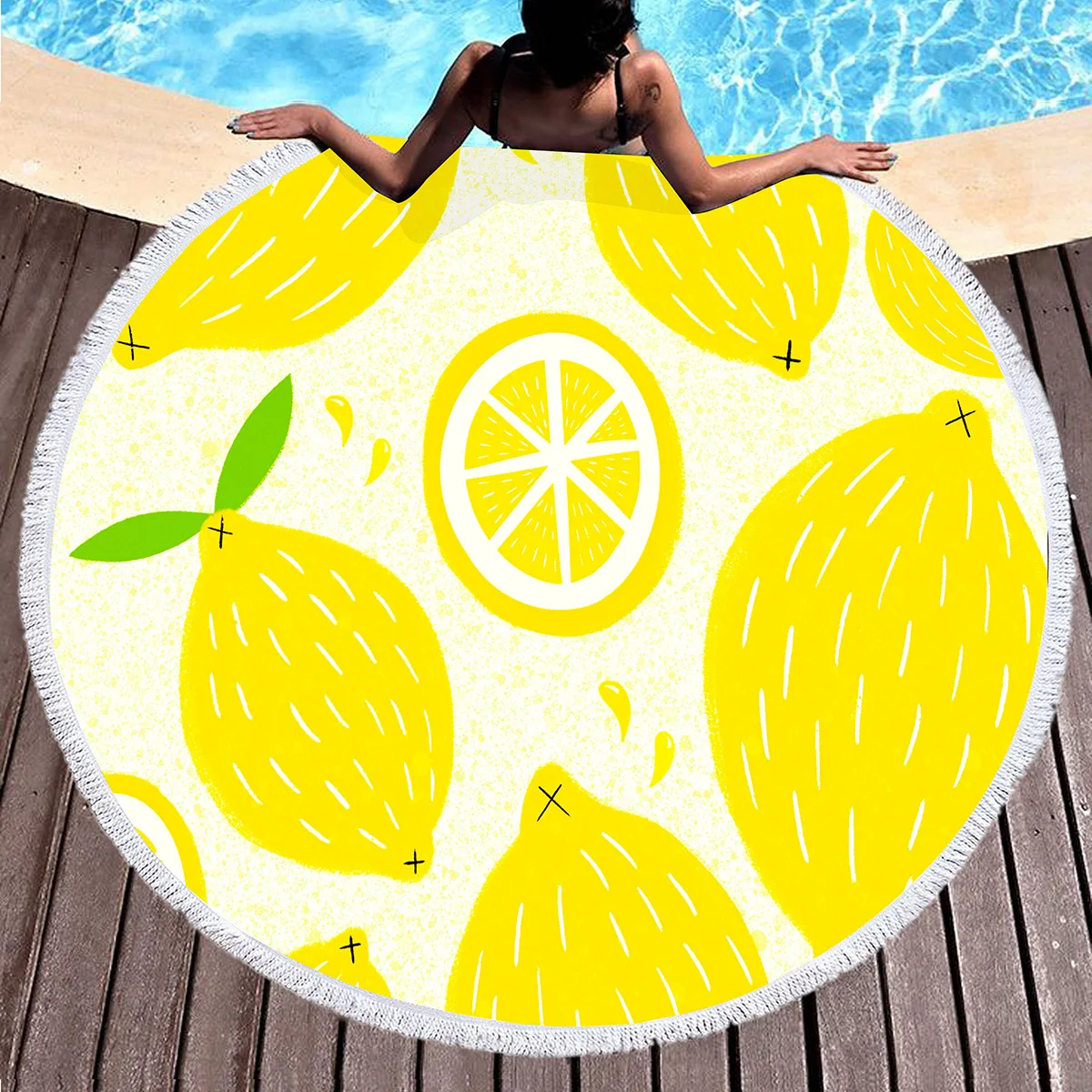 Fresh Fruit Lemon Round Beach Towel Microfiber Circle Towel Picnic Mat Absorbent Meditation Rug Yoga Mat Throw Fringe Tapestry