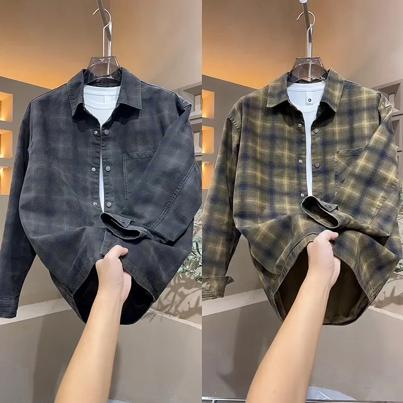

Fall New Style Men's Casual Plaid Denim Shirt Loose Long Sleeve Turn-down Collar Vintage American Coat Youth Popular Daily Wear