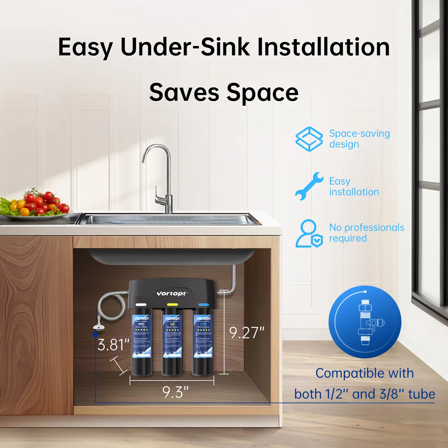 Home Universal Under-Sink Three-Stage Activated Carbon Ultra Filtration Manual Water Purifier 2.1L/min Flow Rate Quick-Connect